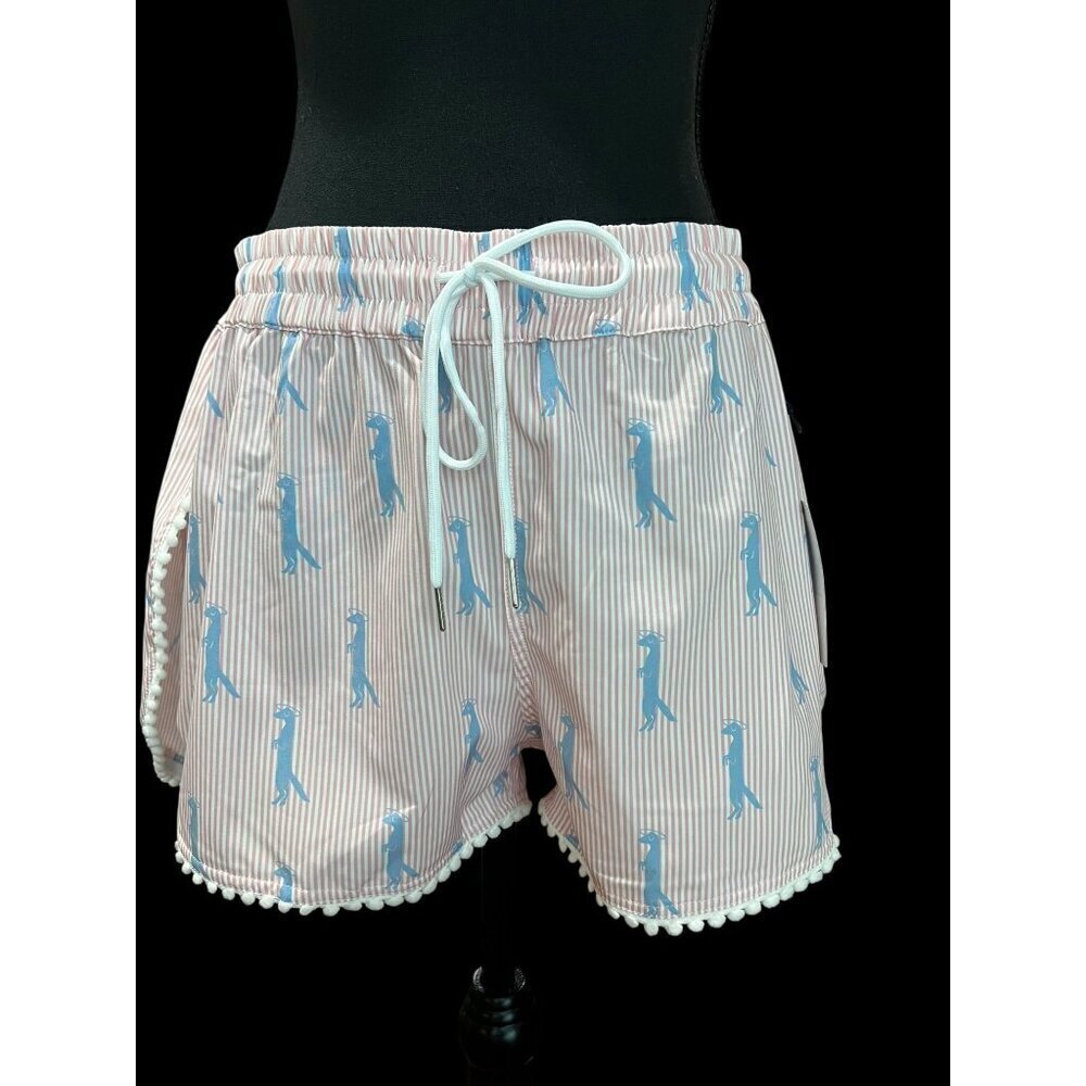 SOUTHERN SAINT POM POM TRIM SHORTS Womens XXL Pink & White Striped Blue Dinosaur